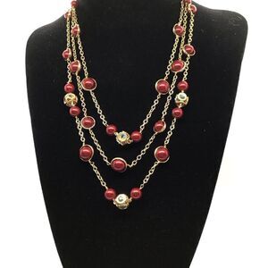 Coldwater Creek  Gold Toned Triple Strand Necklace with Red Beads